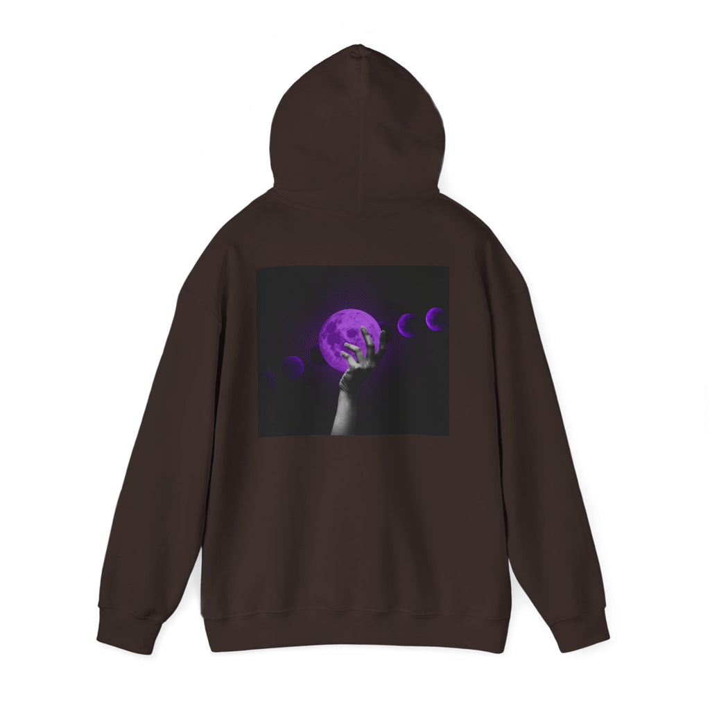 Moon Phases Hoodie — Purple Lunar Hand Graphic Pullover