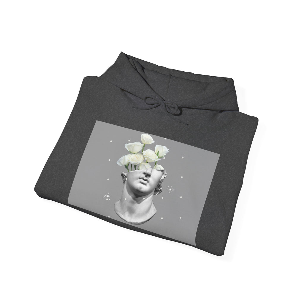 Statue Bloom Hoodie — Classical Bust with White Flowers Graphic Hoodie