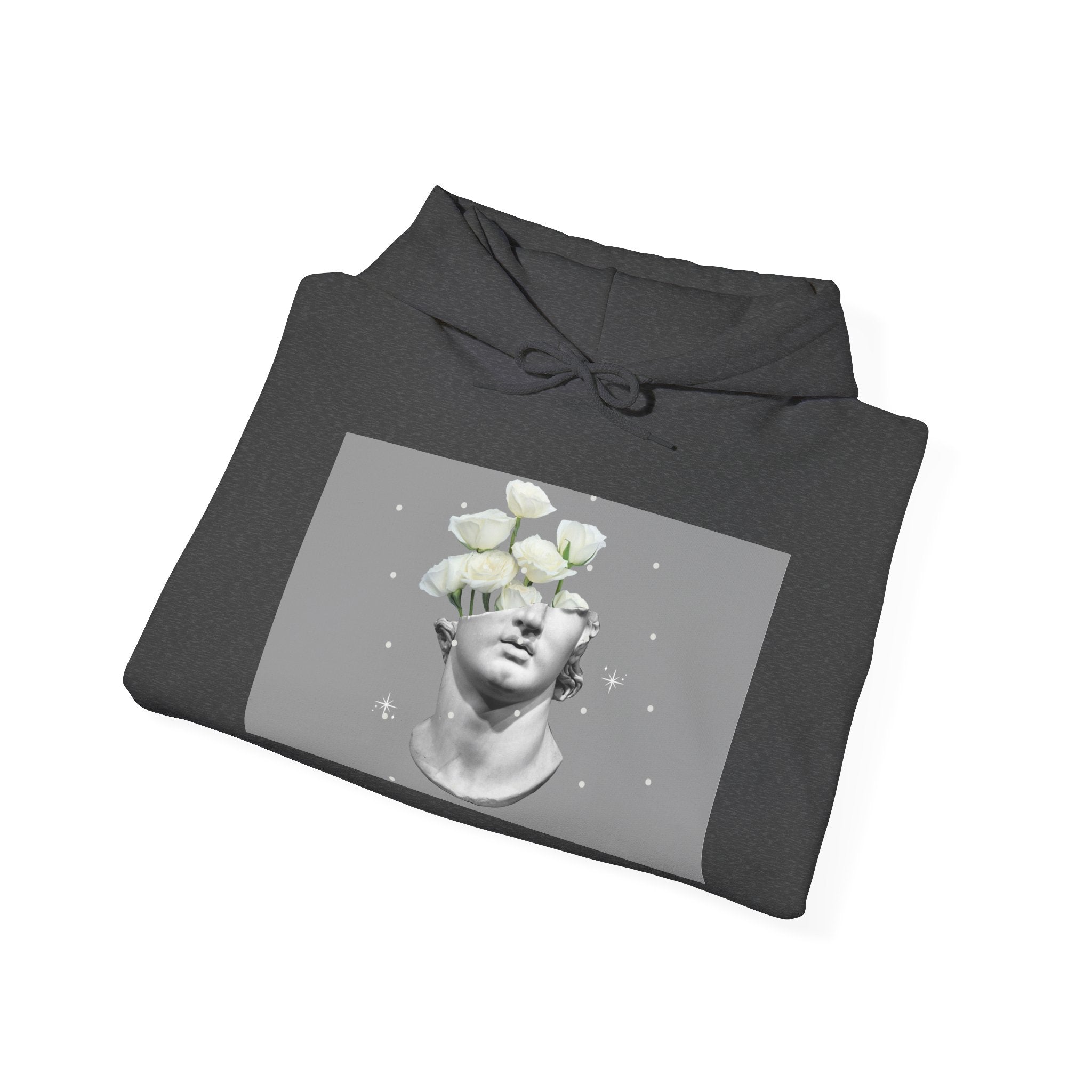 Statue Bloom Hoodie — Classical Bust with White Flowers Graphic Hoodie