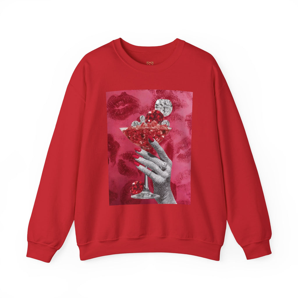 Crewneck Sweatshirt — Glamorous Red Cocktail Collage (Hand Holding Glass, Lip Print)