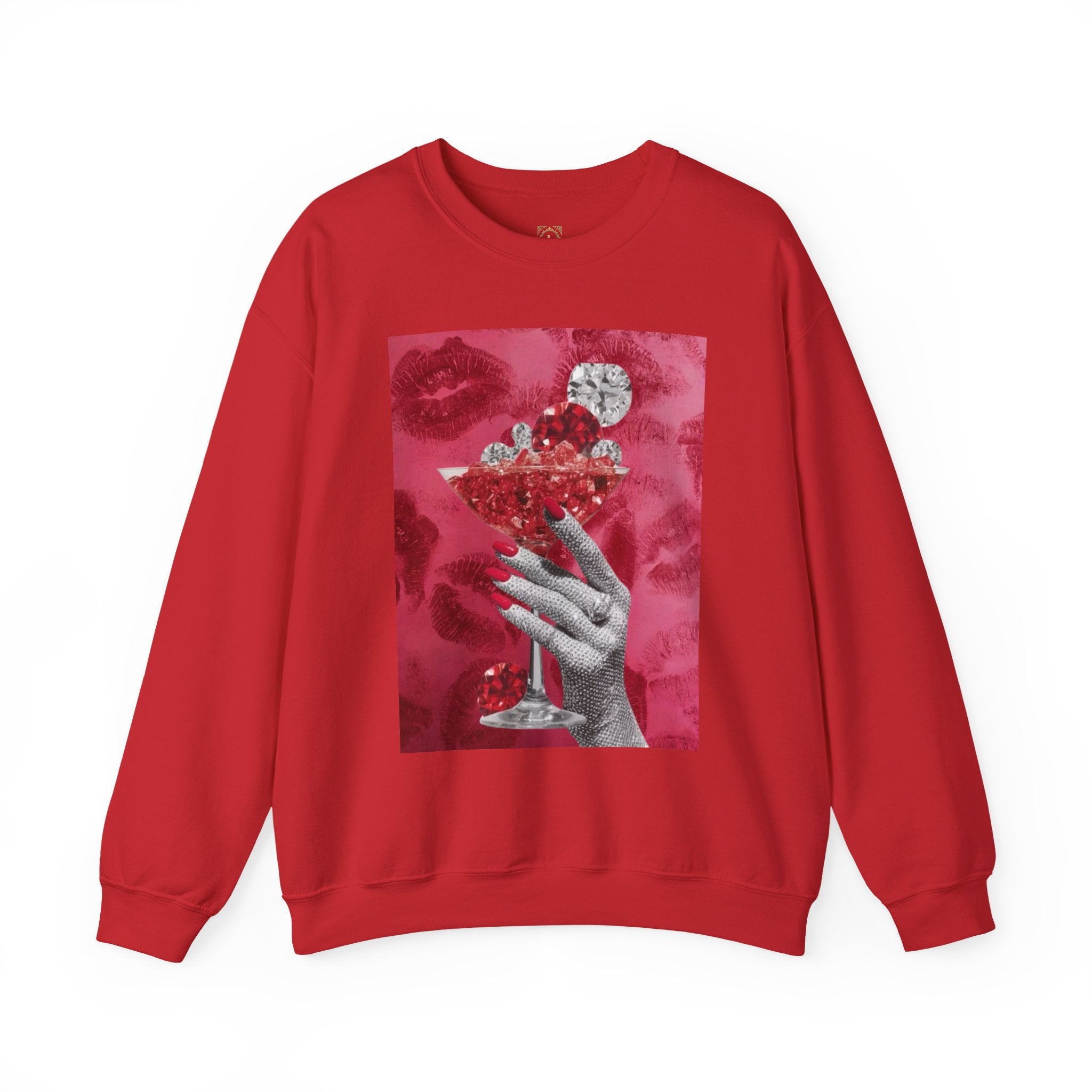 Crewneck Sweatshirt — Glamorous Red Cocktail Collage (Hand Holding Glass, Lip Print)