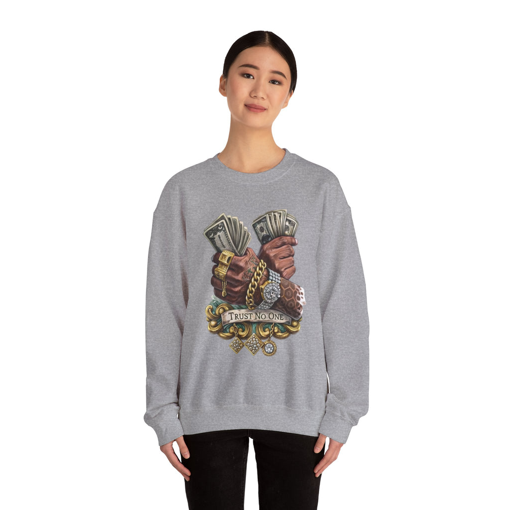 Crewneck Sweatshirt — 'Trust No One' Money Hands Graphic