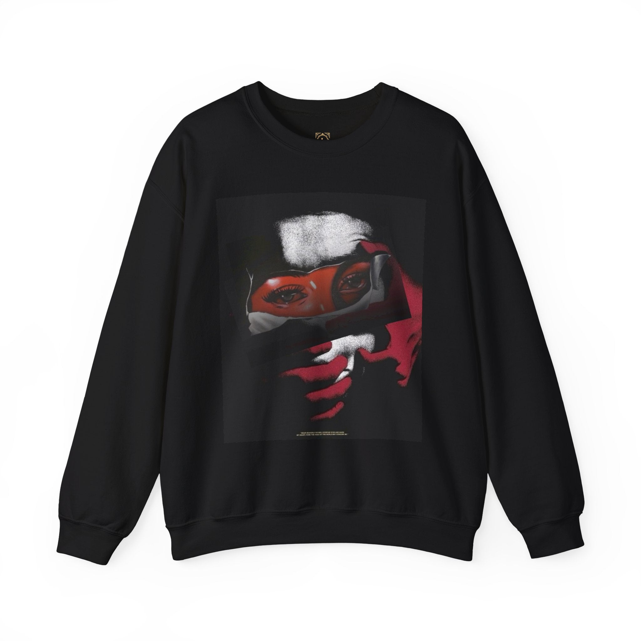 Masked Red Eyes Crewneck Sweatshirt — Graphic Streetwear with 'Legaciess' Back Logo