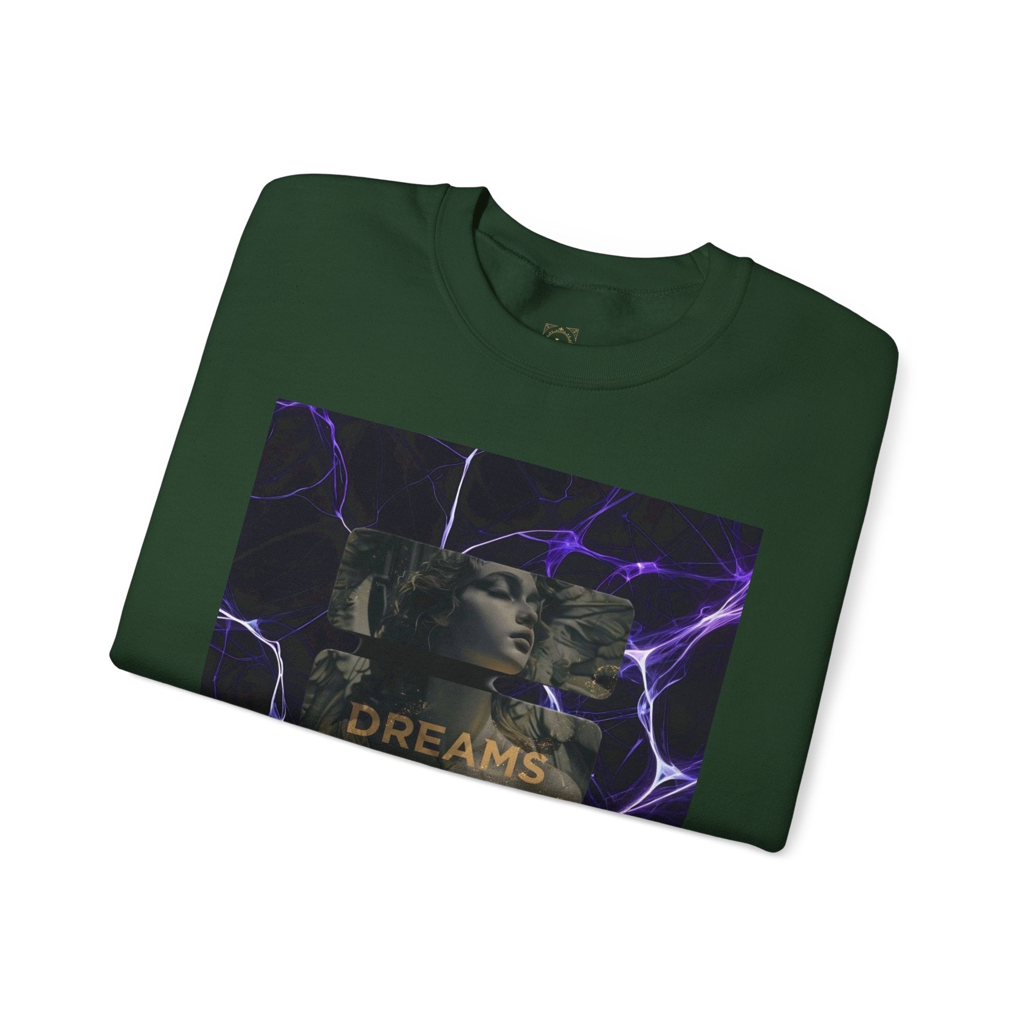 Dreams Statue Crewneck Sweatshirt — Retro Statue Graphic with Purple Lightning
