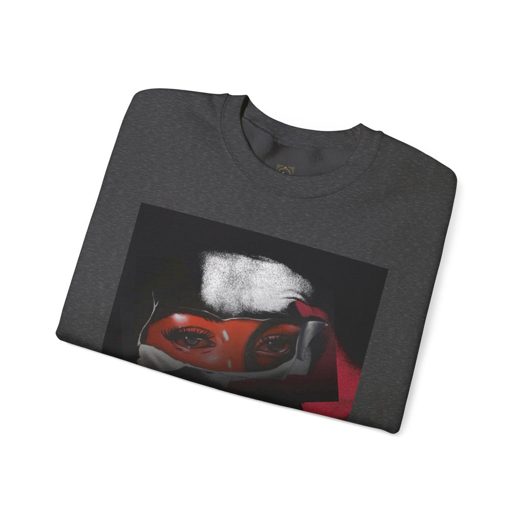 Masked Red Eyes Crewneck Sweatshirt — Graphic Streetwear with 'Legaciess' Back Logo
