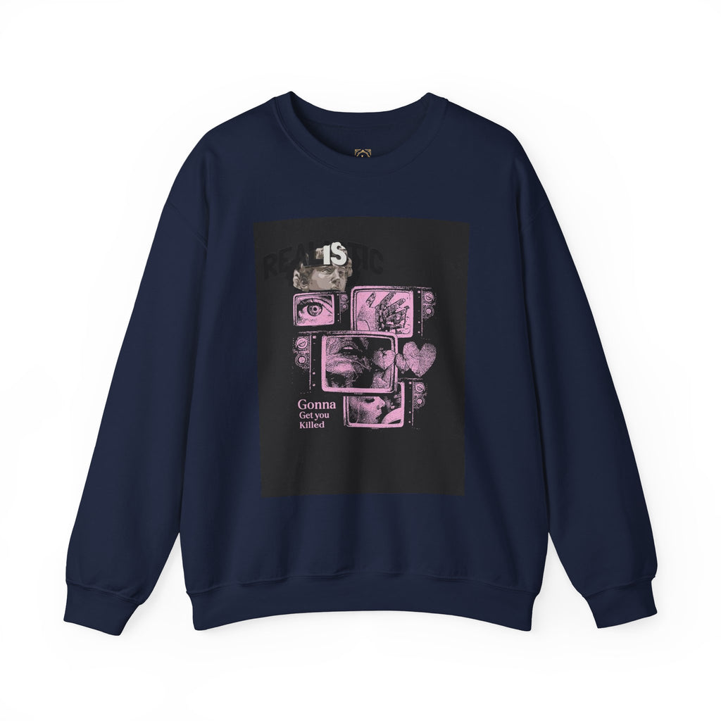 Crewneck Sweatshirt — Pink Collage Eyes Graphic “Gonna Get You, Kiddo”