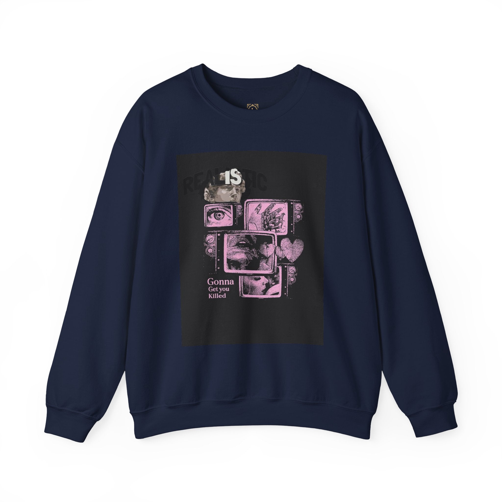 Crewneck Sweatshirt — Pink Collage Eyes Graphic “Gonna Get You, Kiddo”