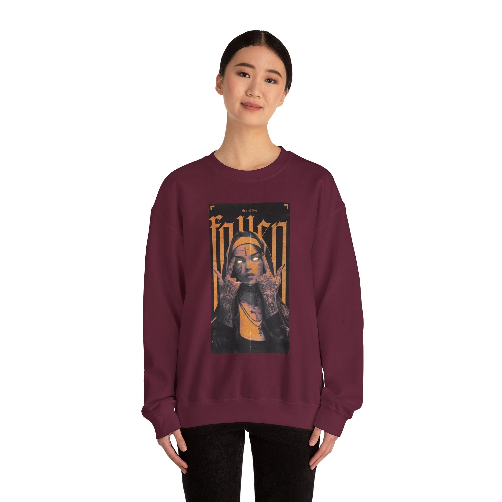 Fallen Gothic Crewneck Sweatshirt — Dark Tattooed Nun Graphic