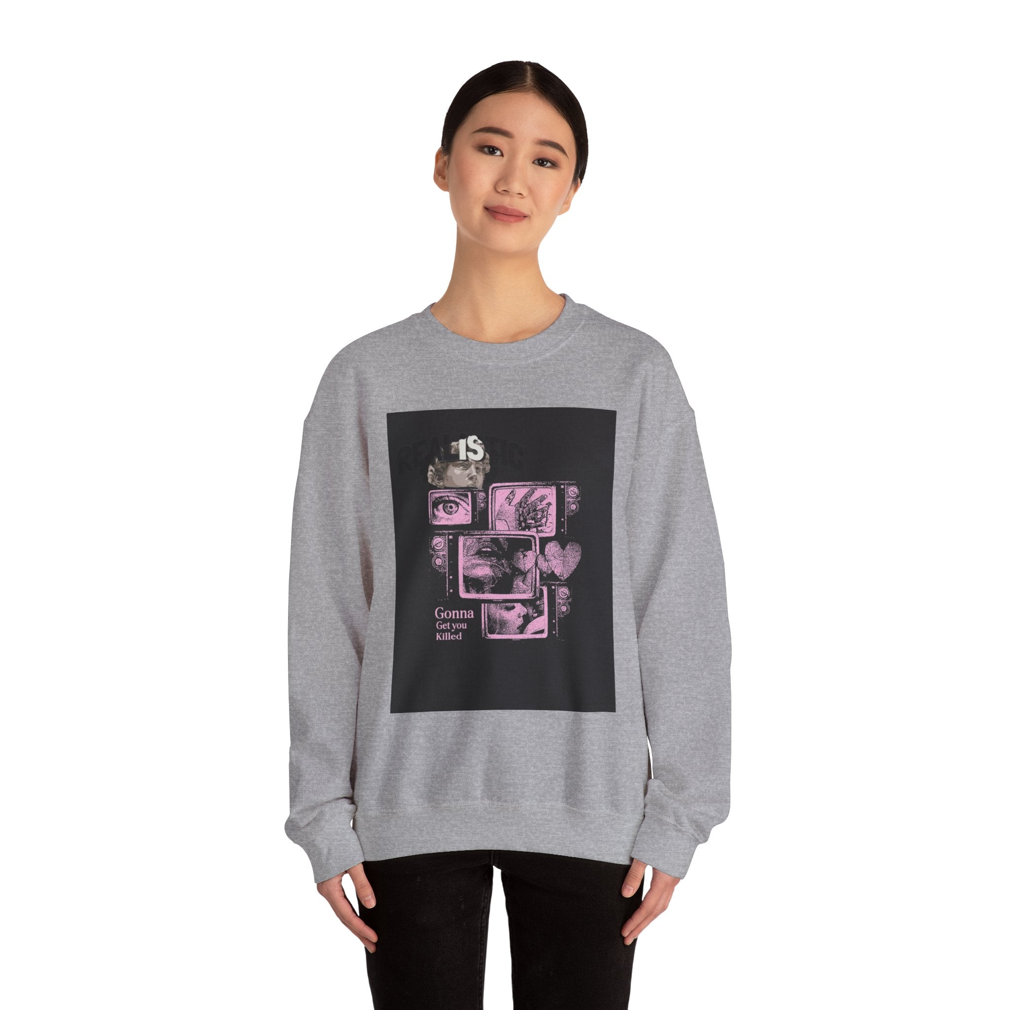 Crewneck Sweatshirt — Pink Collage Eyes Graphic “Gonna Get You, Kiddo”