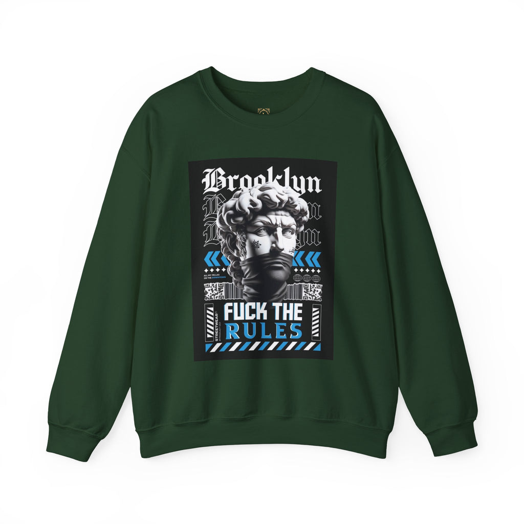 Crewneck Sweatshirt — 'Brooklyn' Statue Graphic with “Fuck the Rules” Streetwear Slogan
