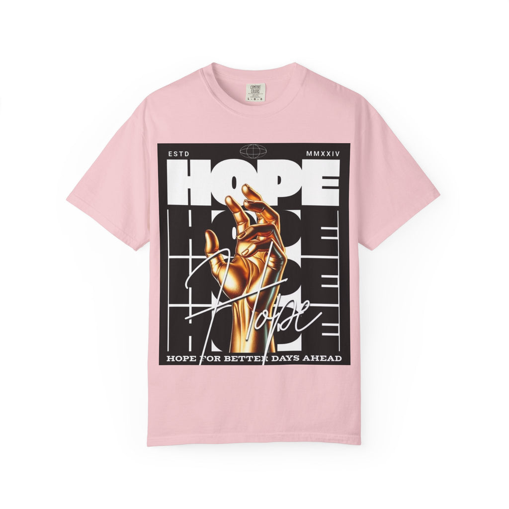 Hope Vibe Graphic T-Shirt — 'Hope for Better Days Ahead' Chest Print with Gold Hand & Back 'Legaciess' Logo
