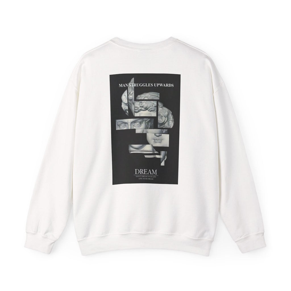 Dream Fragment Crewneck Sweatshirt — 'Man Struggles Upwards' Statue Collage