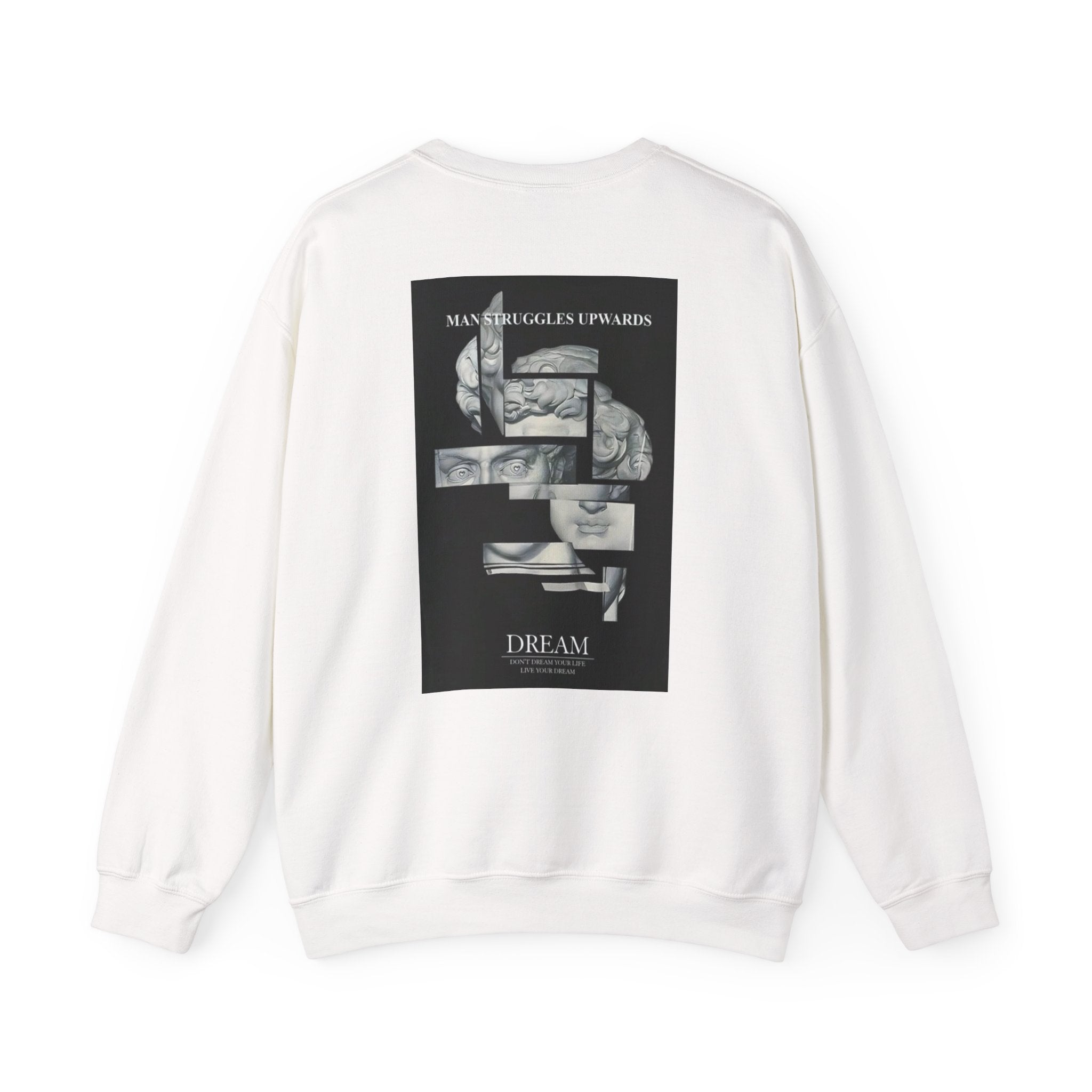 Dream Fragment Crewneck Sweatshirt — 'Man Struggles Upwards' Statue Collage
