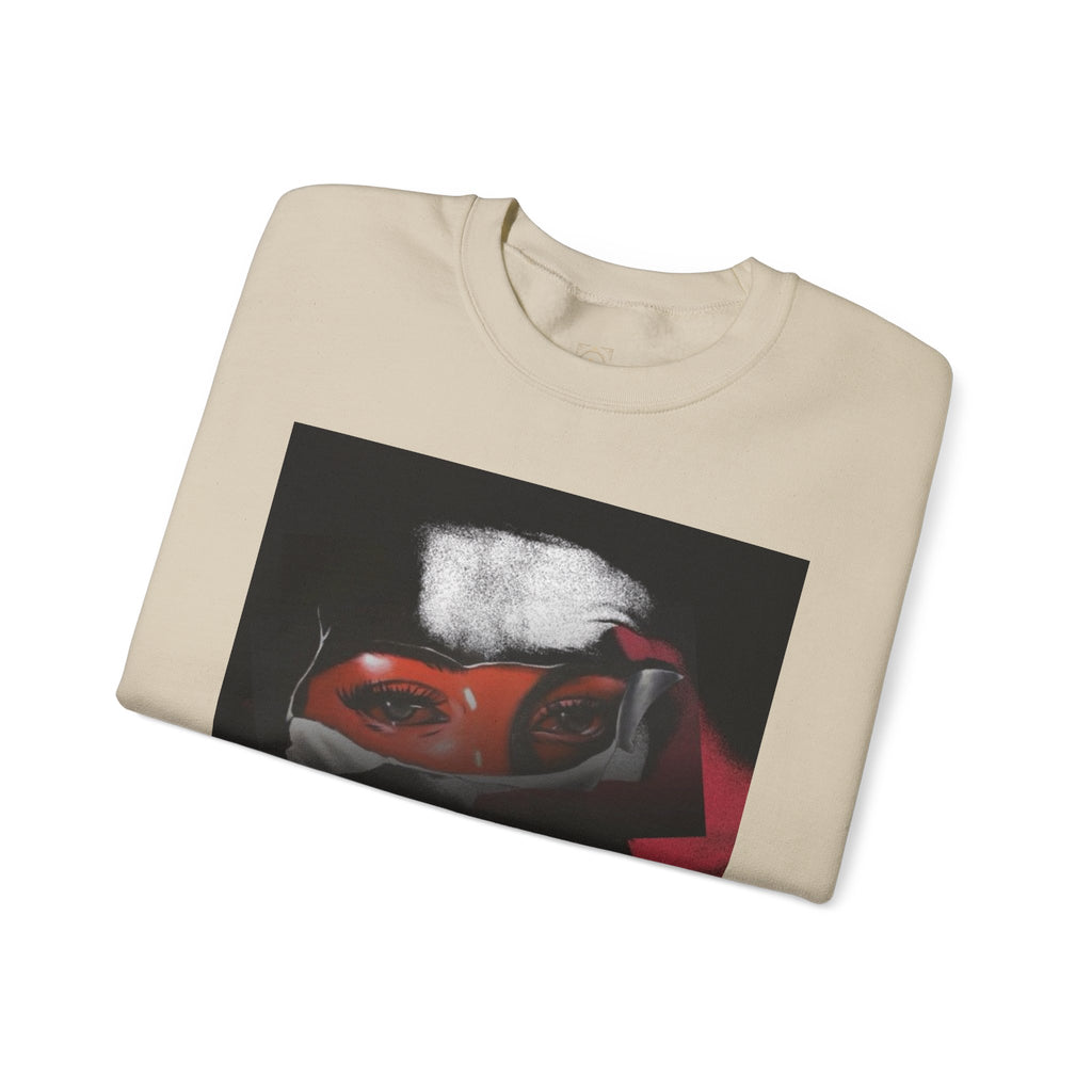 Masked Red Eyes Crewneck Sweatshirt — Graphic Streetwear with 'Legaciess' Back Logo