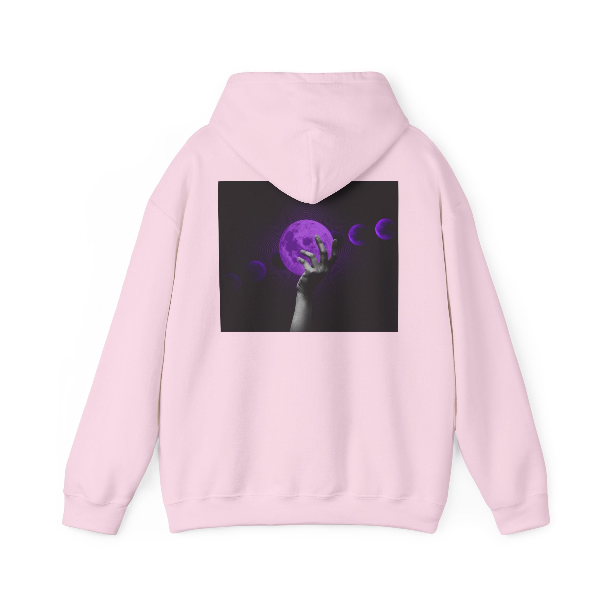 Moon Phases Hoodie — Purple Lunar Hand Graphic Pullover