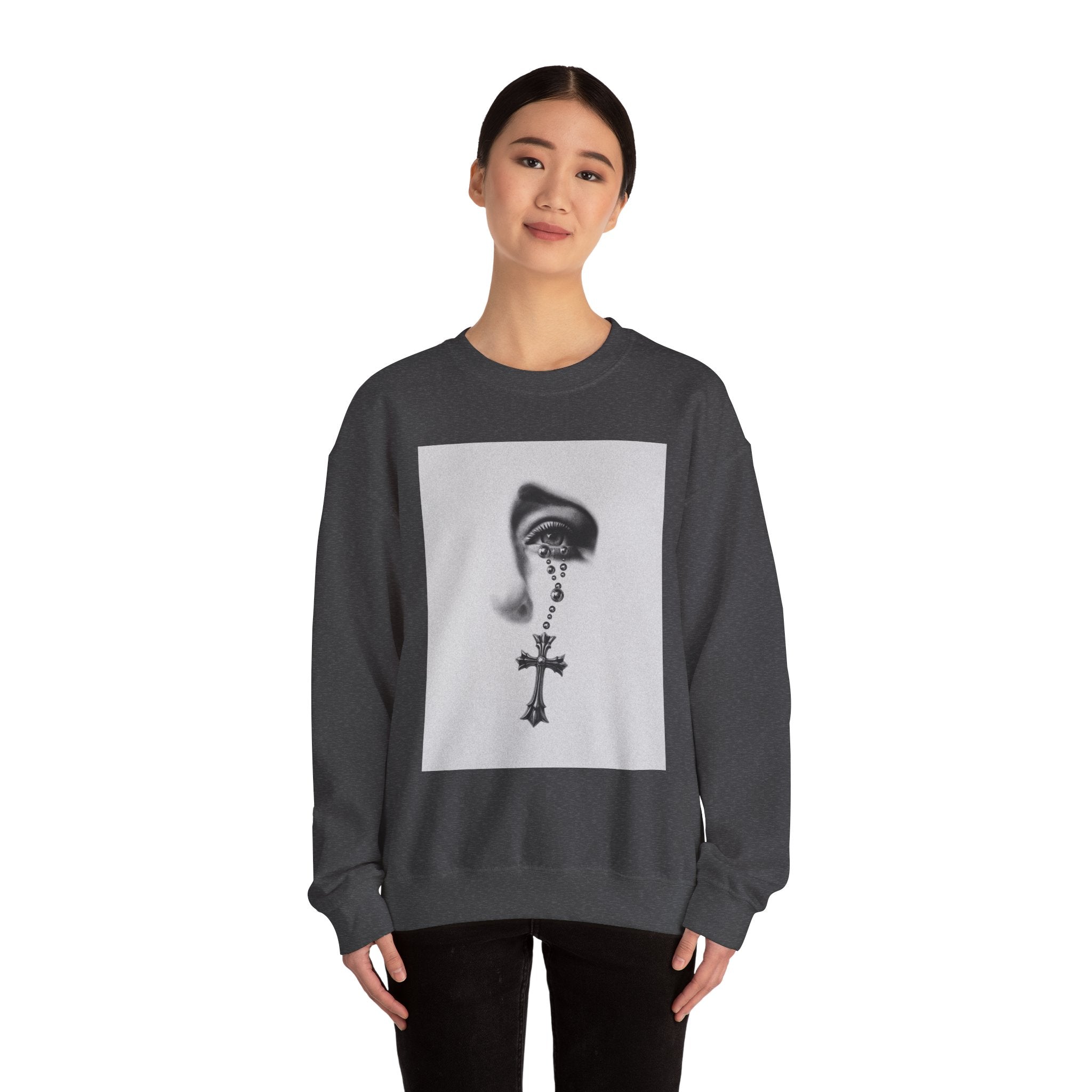 Rosary Tear Crewneck Sweatshirt — Gothic Eye & Cross Graphic