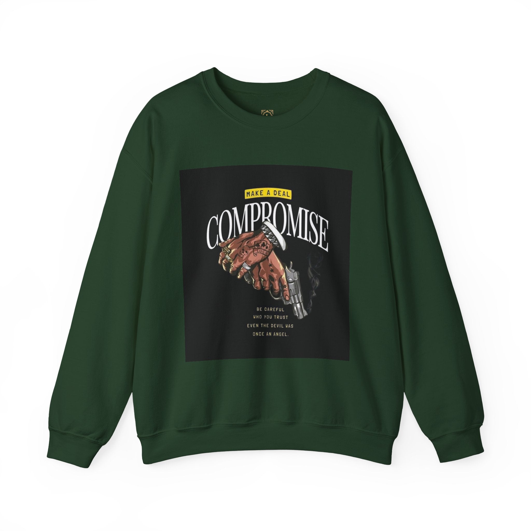 Compromise Graphic Sweatshirt — Vintage Handshake & Revolver Design
