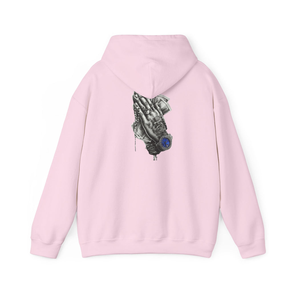 Hoodie — Praying Hands Graphic Hoodie with Blue Rose Accent