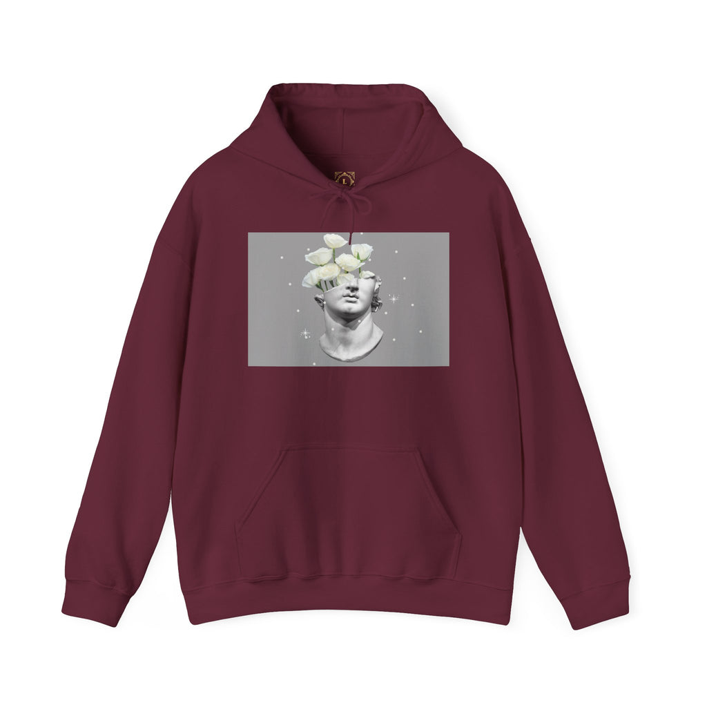 Statue Bloom Hoodie — Classical Bust with White Flowers Graphic Hoodie