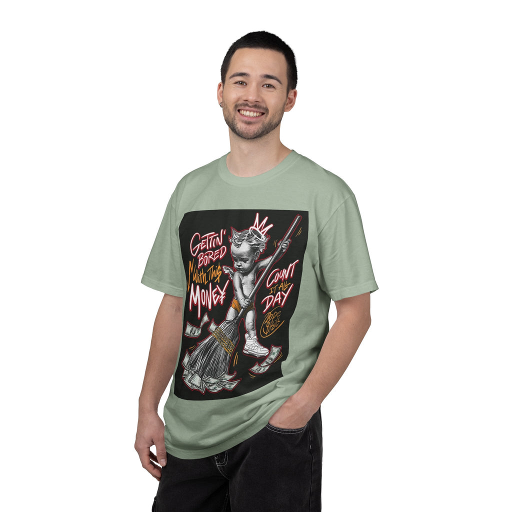 Cat Broomstick Money Tee — "Gettin' Bored With This Money" Graphic T-Shirt