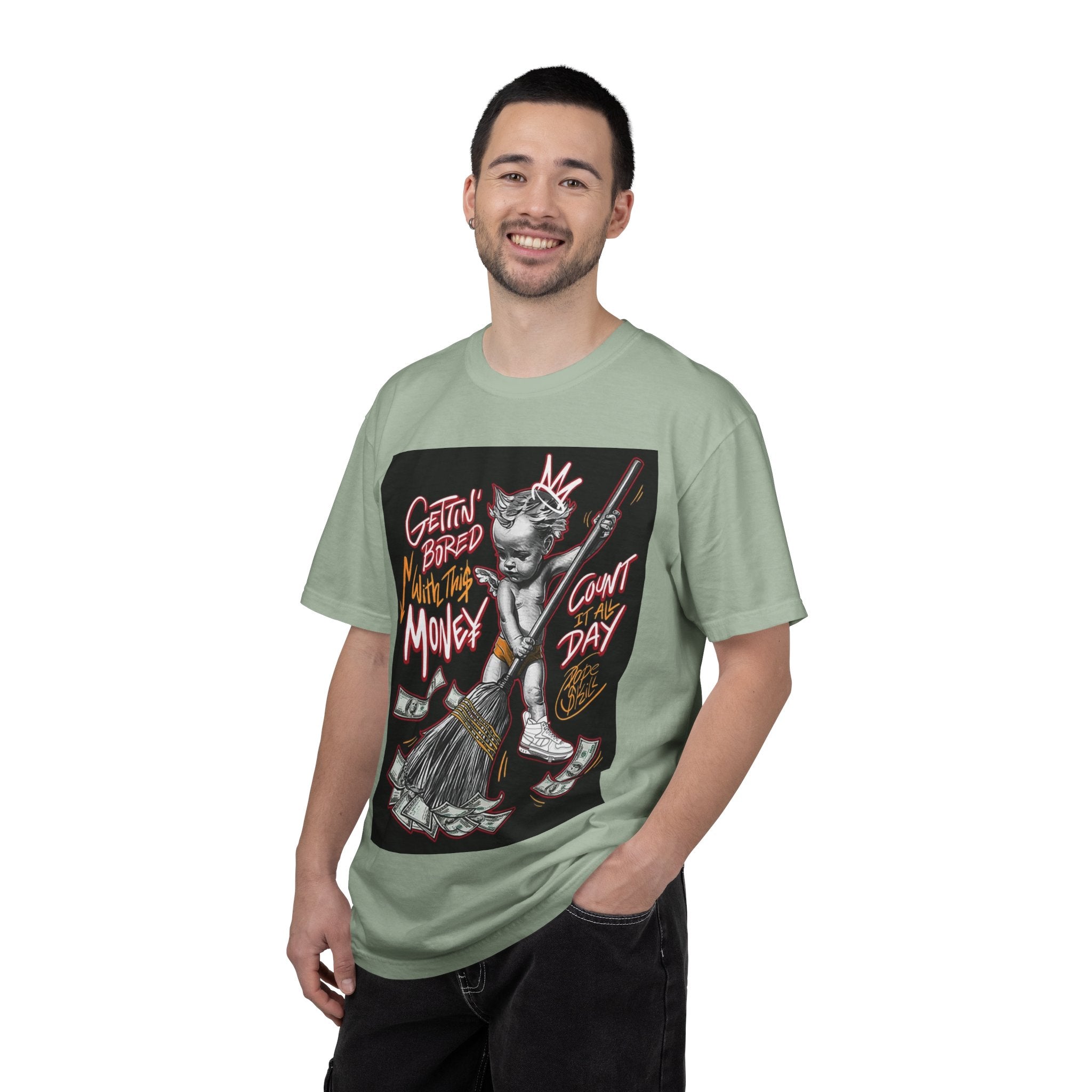 Cat Broomstick Money Tee — "Gettin' Bored With This Money" Graphic T-Shirt