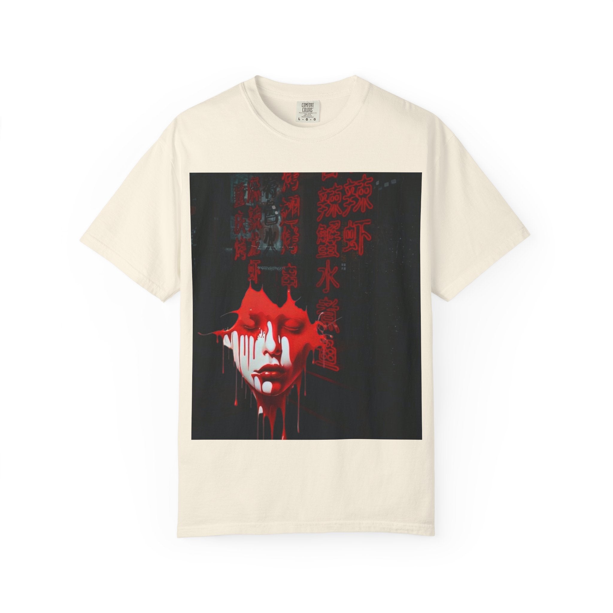 Horror Portrait Tee — Dripping Red Face with Japanese Script Graphic