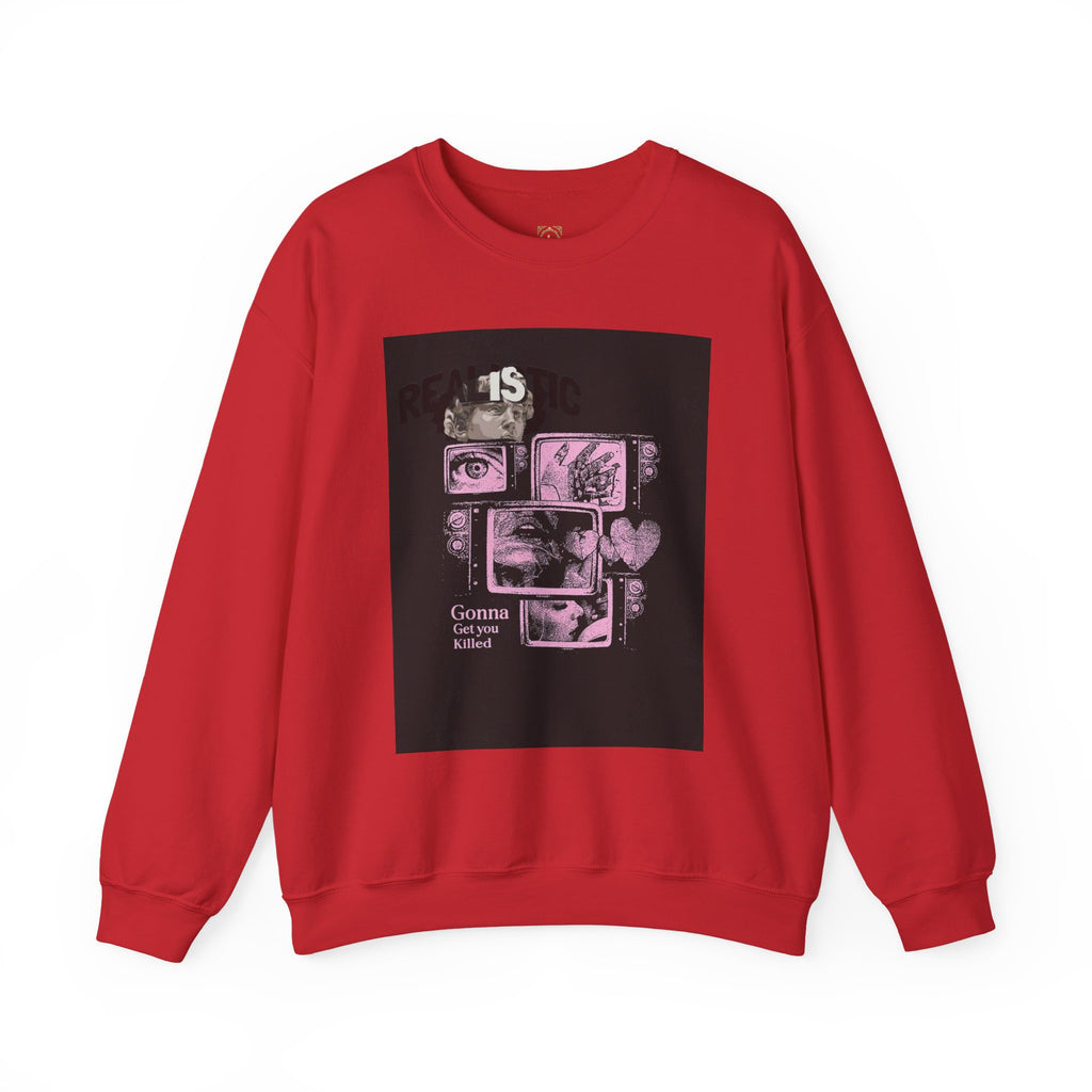 Crewneck Sweatshirt — Pink Collage Eyes Graphic “Gonna Get You, Kiddo”