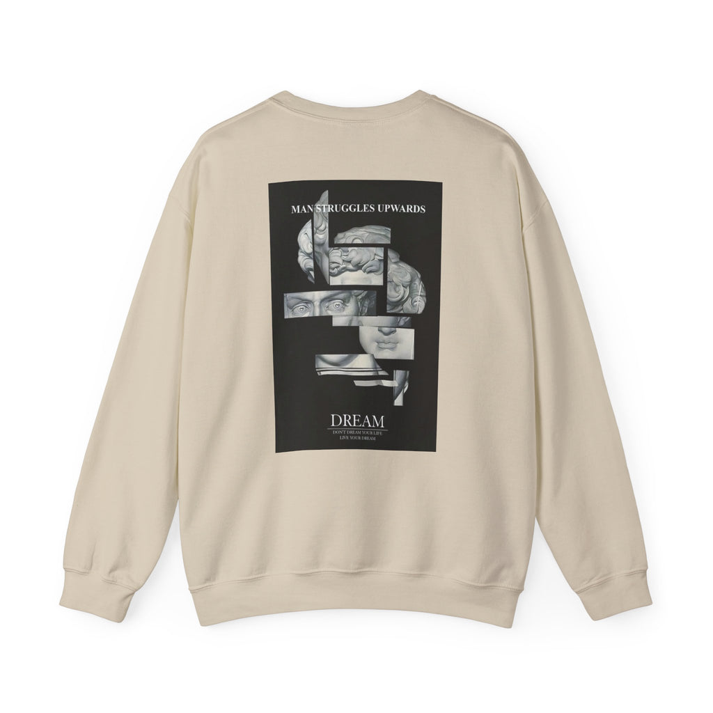 Dream Fragment Crewneck Sweatshirt — 'Man Struggles Upwards' Statue Collage