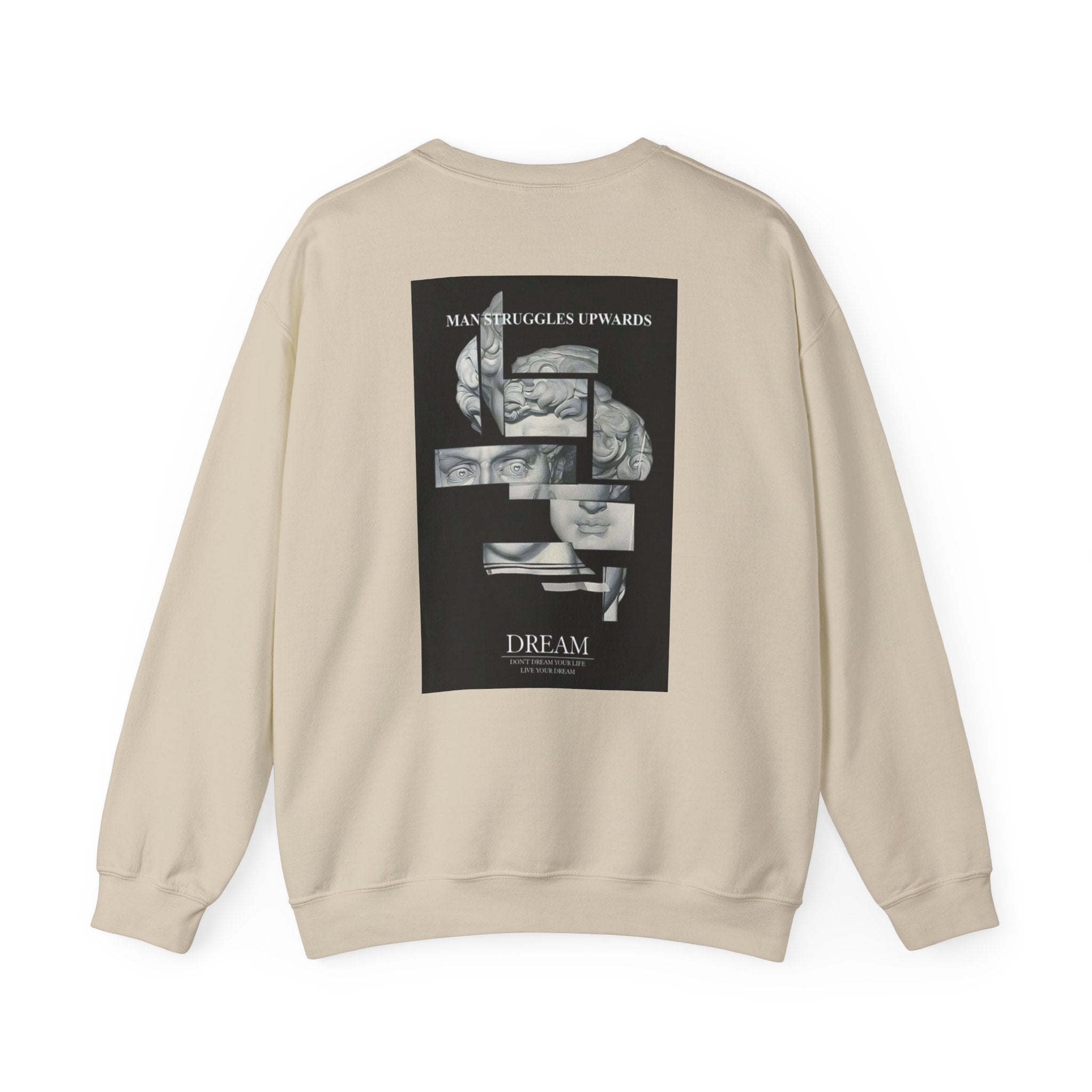 Dream Fragment Crewneck Sweatshirt — 'Man Struggles Upwards' Statue Collage