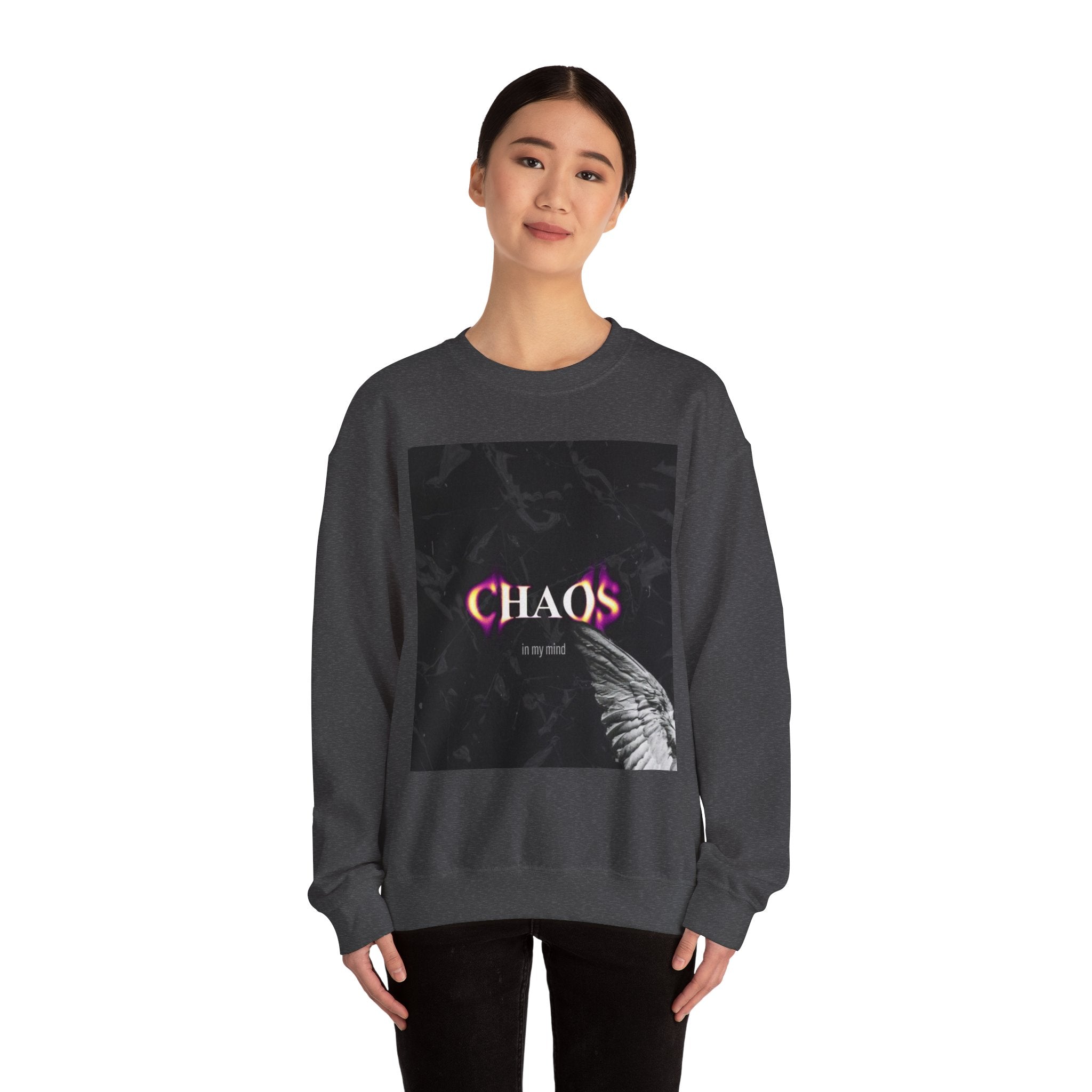 Chaos Graphic Crewneck Sweatshirt — "CHAOS in my mind" Gothic Wing Design