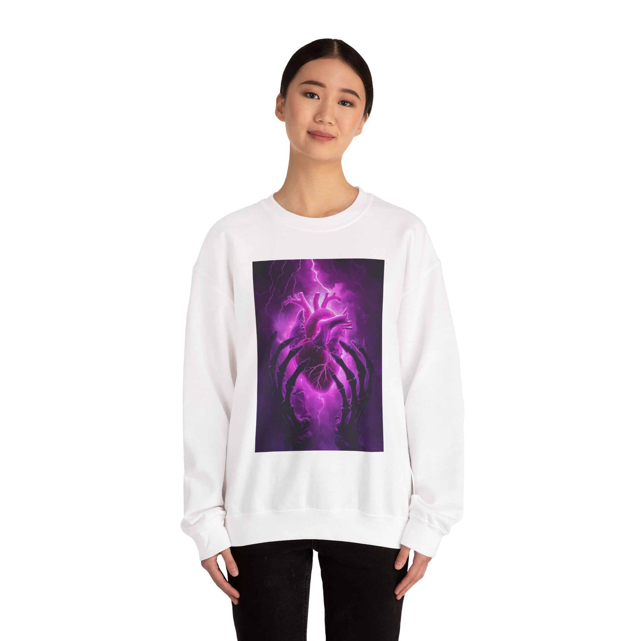 Crewneck Sweatshirt — Purple Lightning Anatomical Heart Graphic