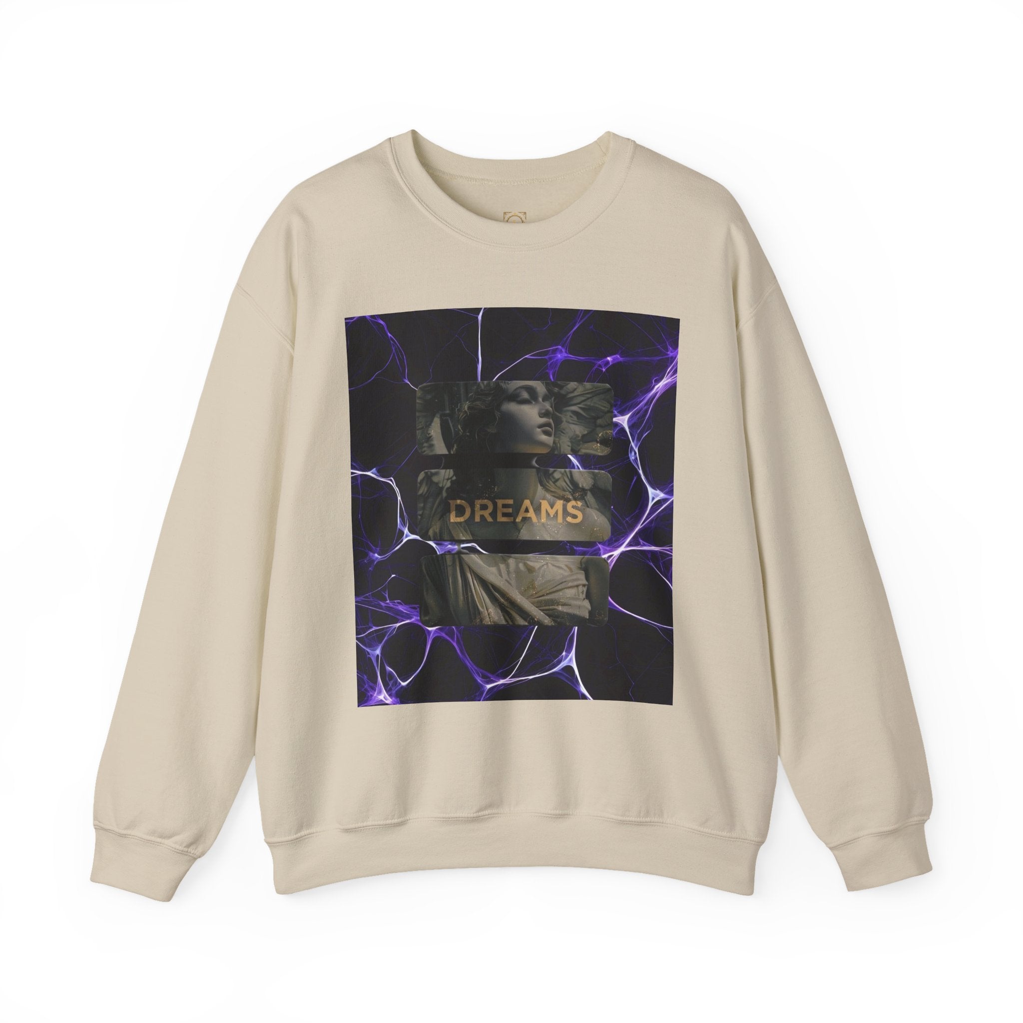 Dreams Statue Crewneck Sweatshirt — Retro Statue Graphic with Purple Lightning