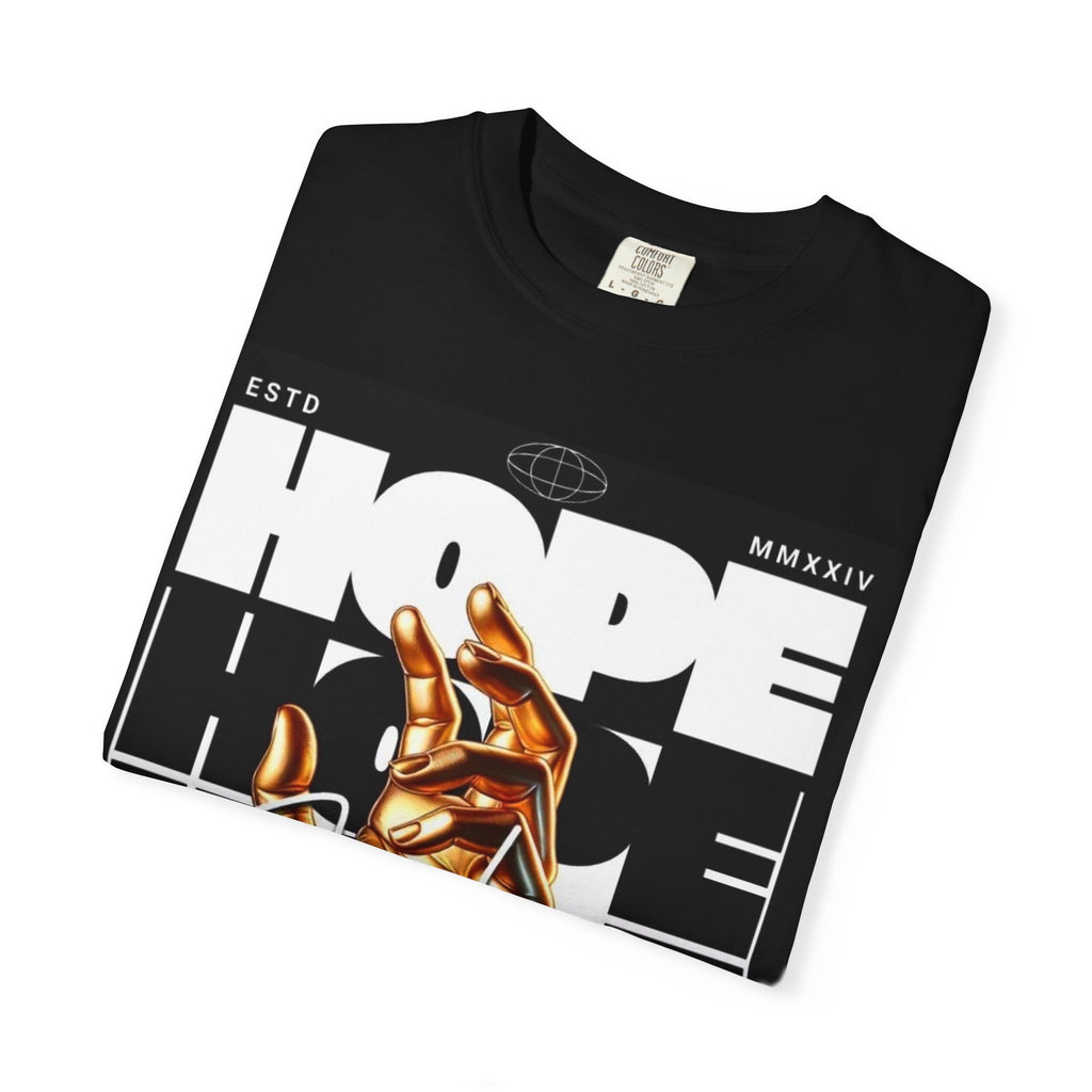 Hope Vibe Graphic T-Shirt — 'Hope for Better Days Ahead' Chest Print with Gold Hand & Back 'Legaciess' Logo