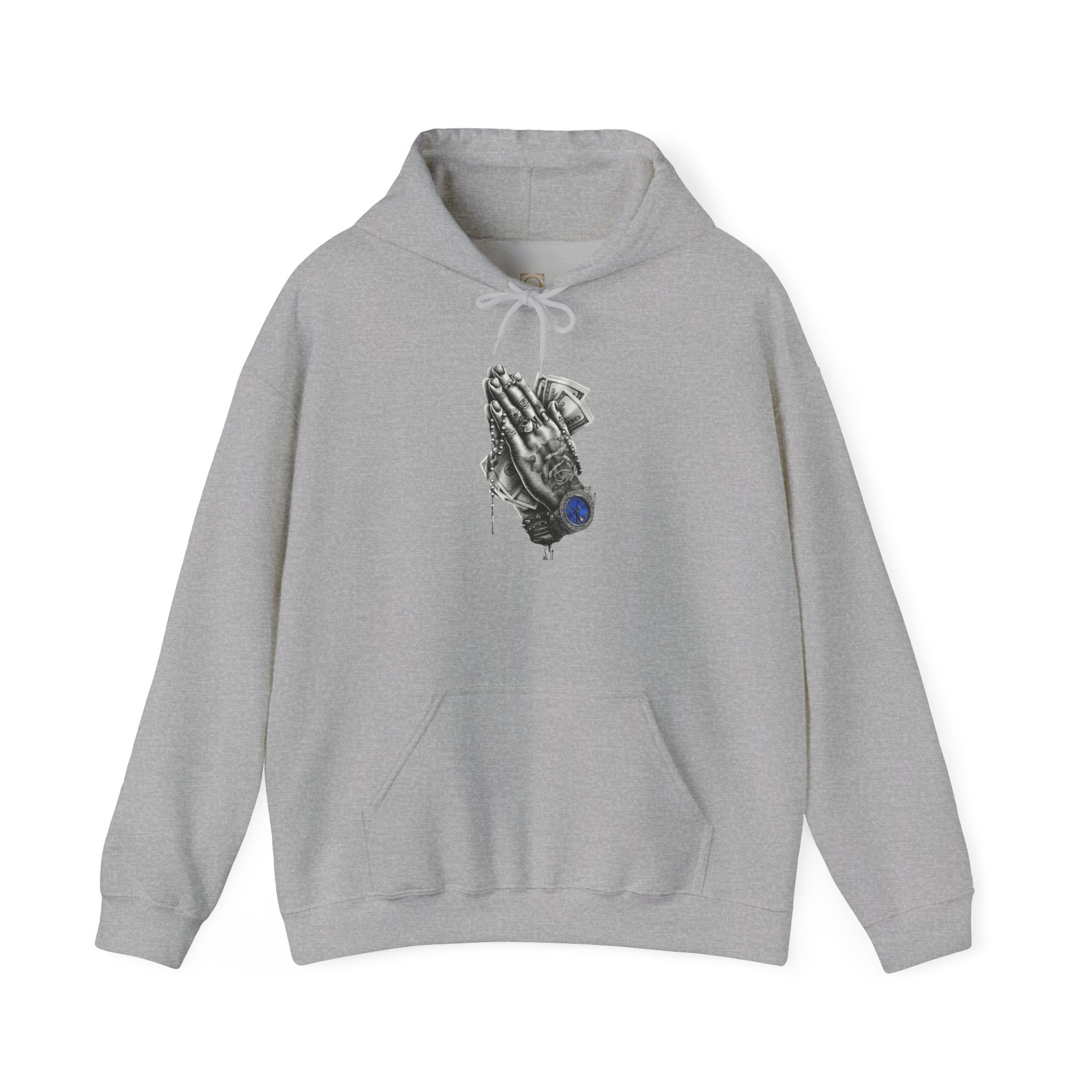 Hoodie — Praying Hands Graphic Hoodie with Blue Rose Accent