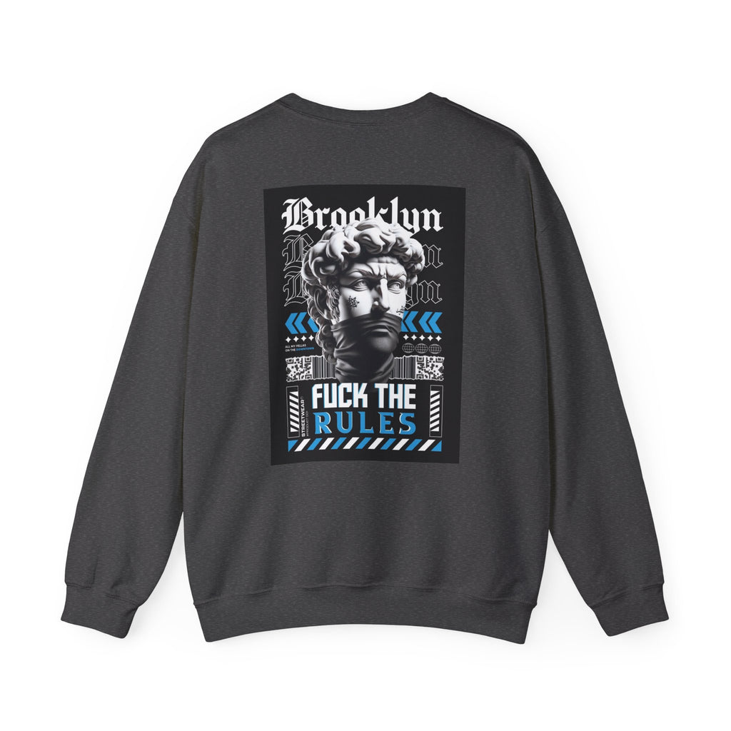Crewneck Sweatshirt — 'Brooklyn' Statue Graphic with “Fuck the Rules” Streetwear Slogan