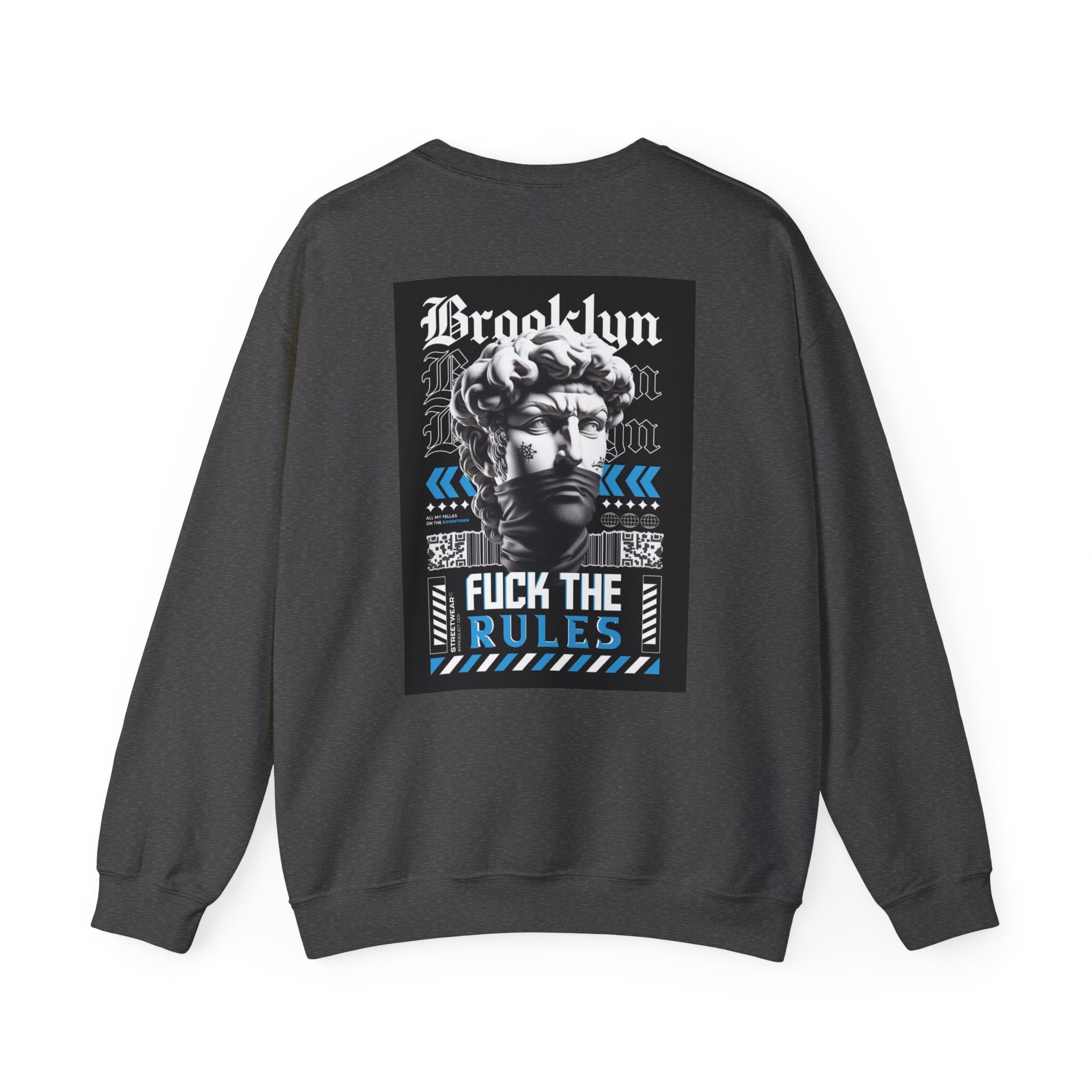 Crewneck Sweatshirt — 'Brooklyn' Statue Graphic with “Fuck the Rules” Streetwear Slogan