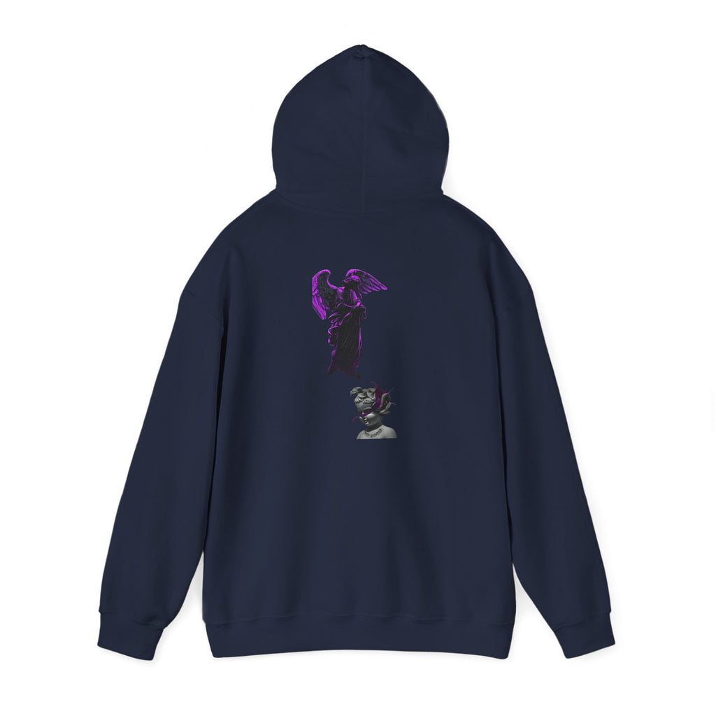 Angel Statue Hoodie — Gothic Purple Accent Sculptural Graphic Hoodie