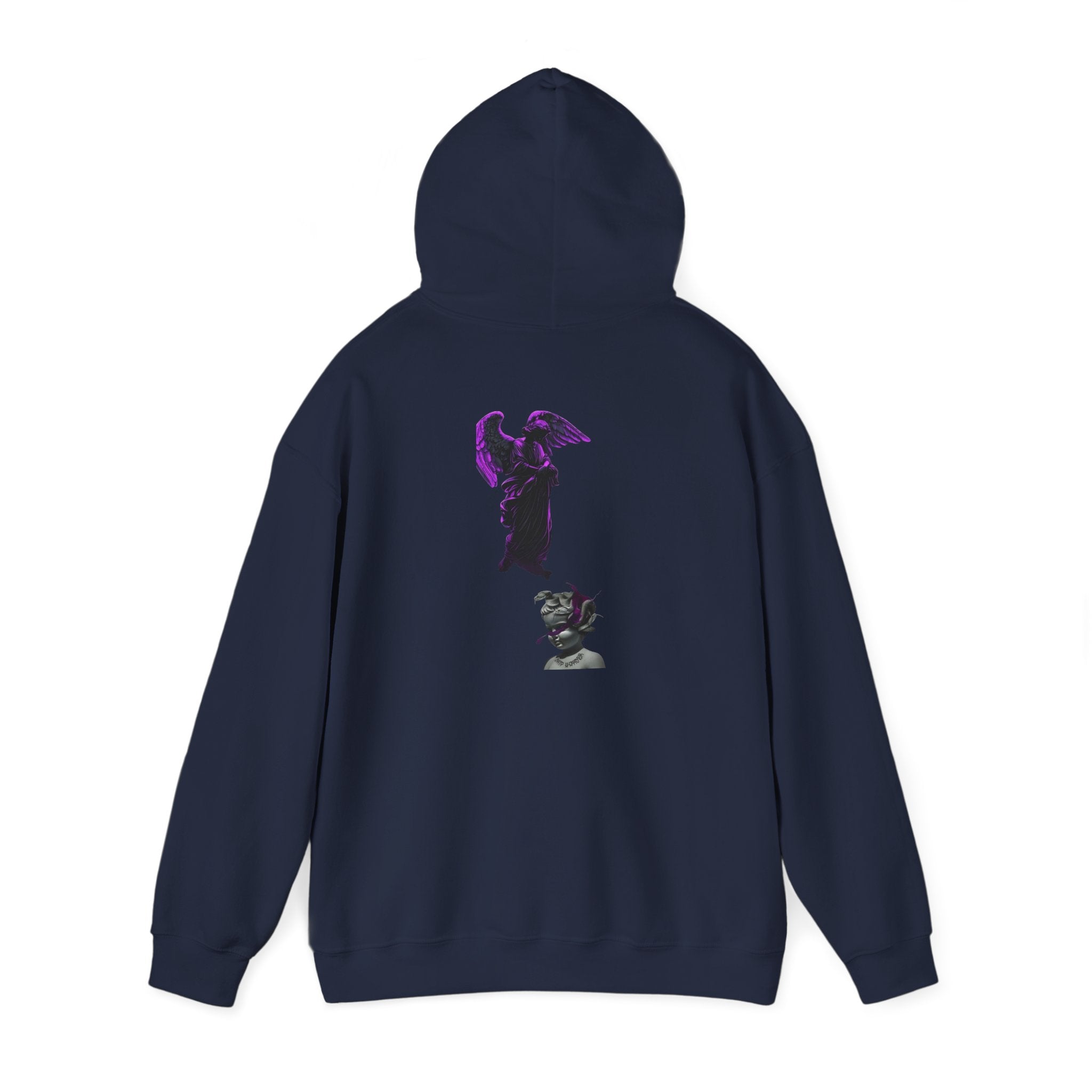 Angel Statue Hoodie — Gothic Purple Accent Sculptural Graphic Hoodie