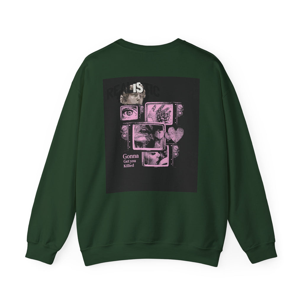 Crewneck Sweatshirt — Pink Collage Eyes Graphic “Gonna Get You, Kiddo”