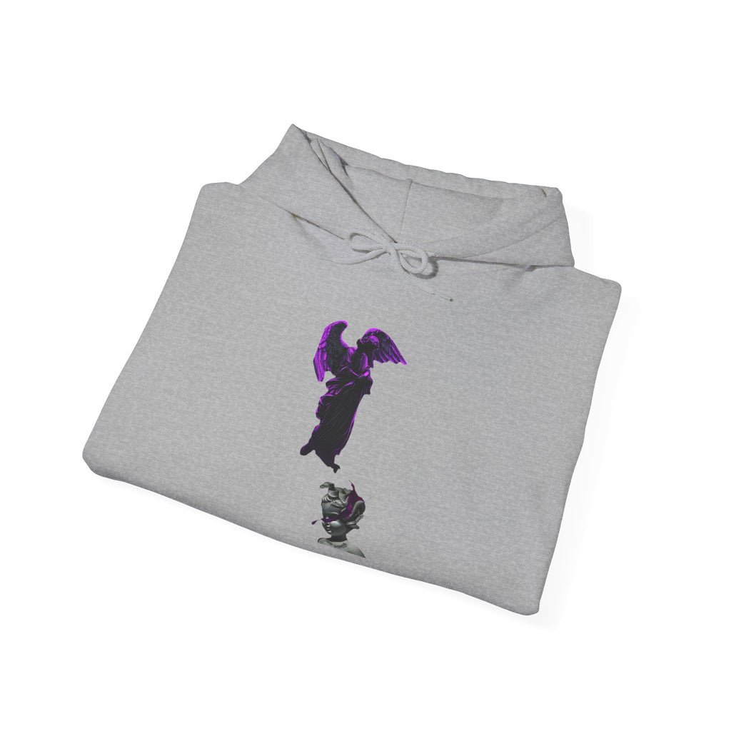 Angel Statue Hoodie — Gothic Purple Accent Sculptural Graphic Hoodie