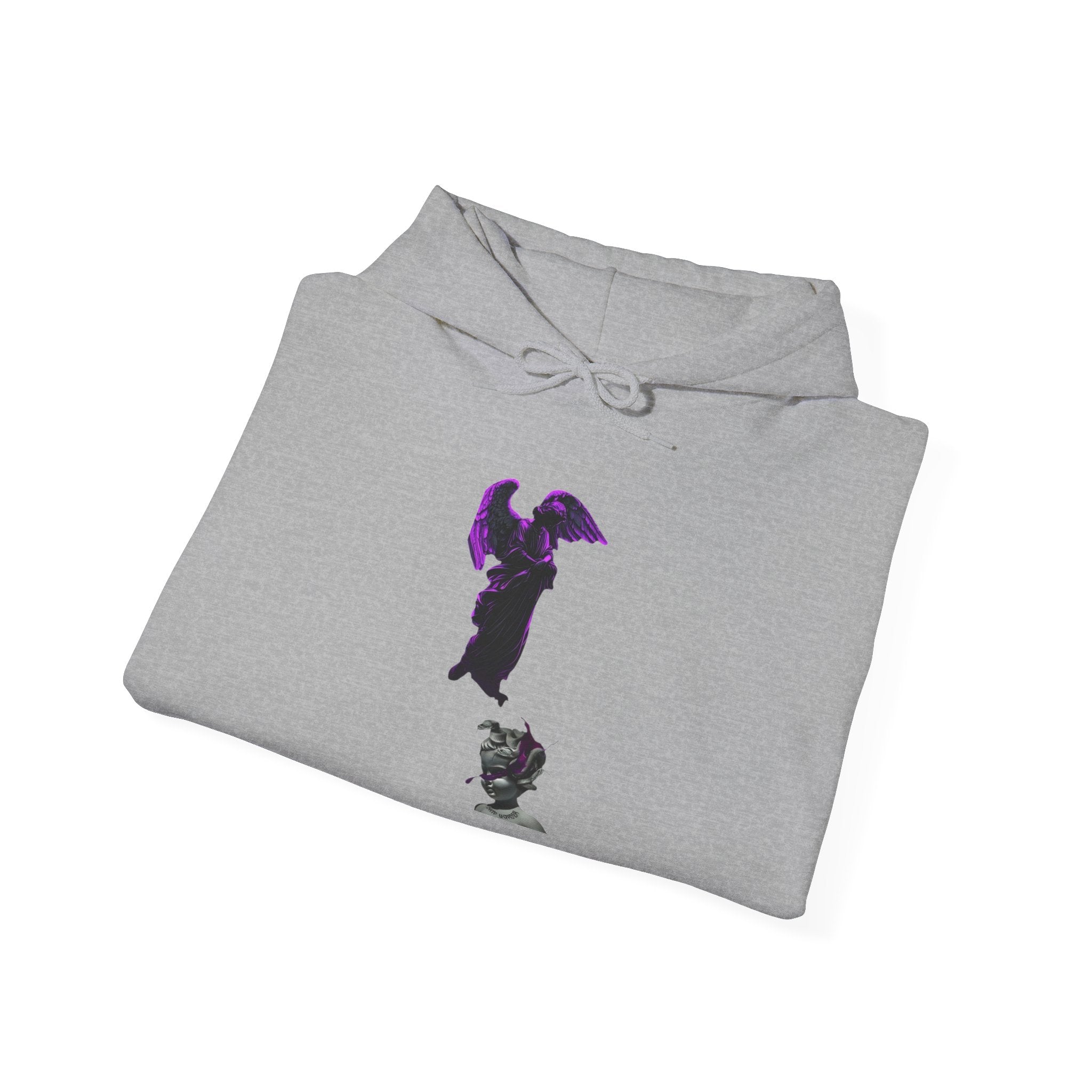 Angel Statue Hoodie — Gothic Purple Accent Sculptural Graphic Hoodie