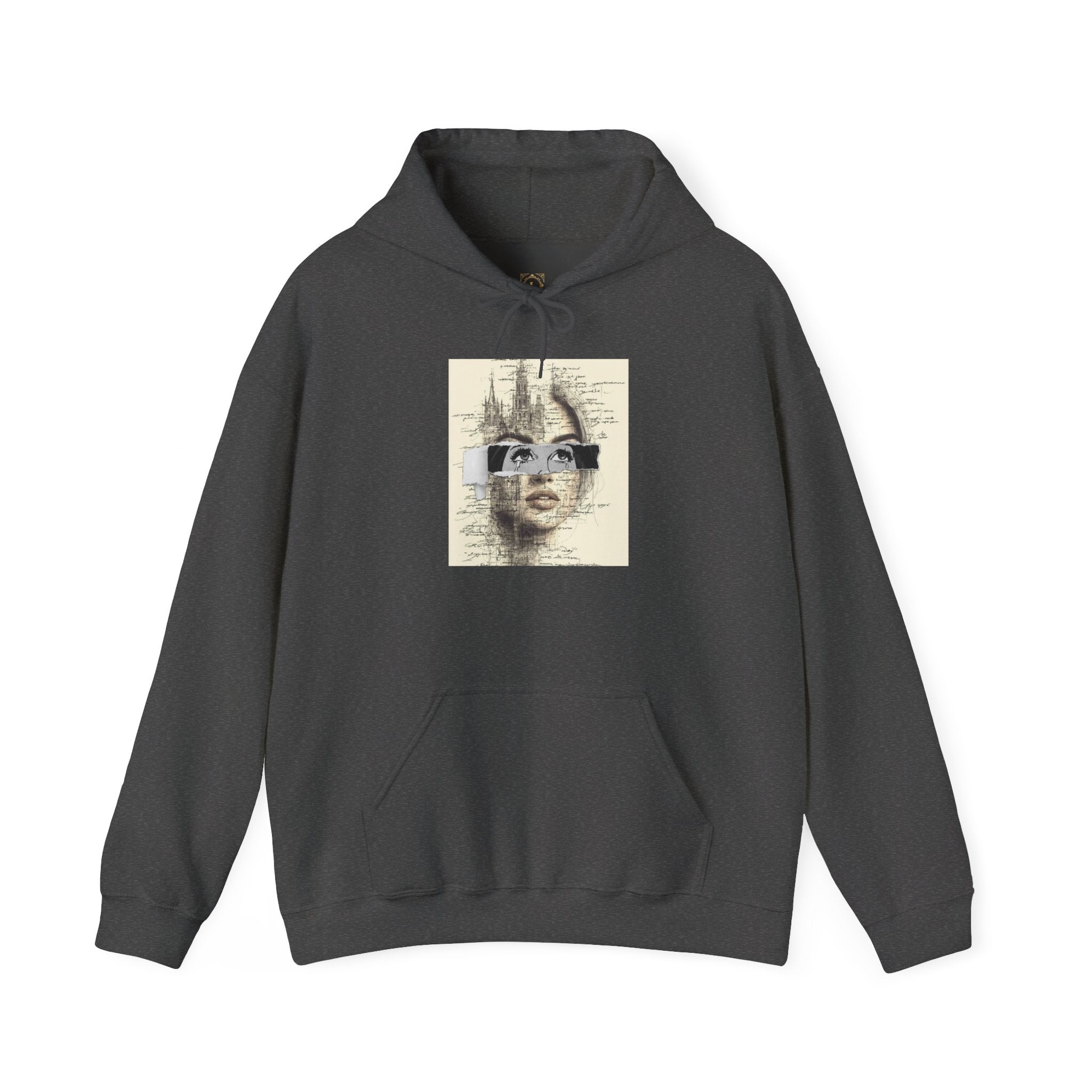 Artistic Face Collage Hoodie — Vintage Script Portrait Sweatshirt