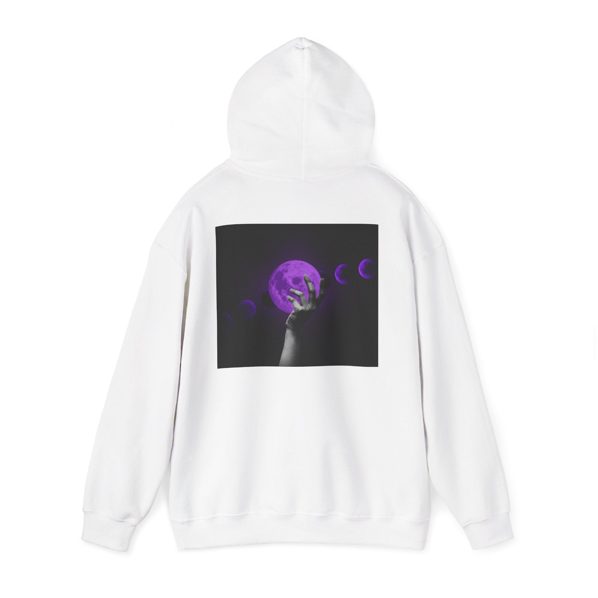 Moon Phases Hoodie — Purple Lunar Hand Graphic Pullover