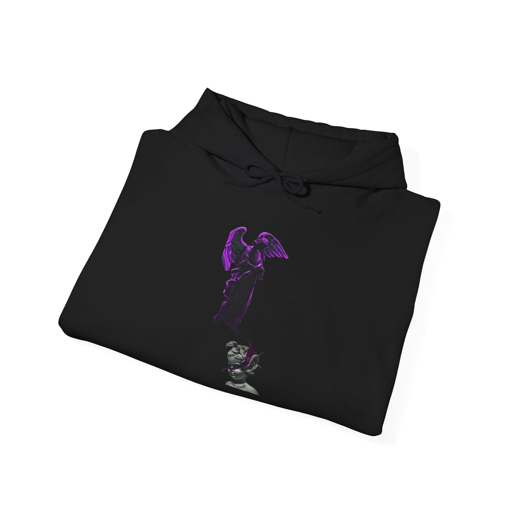 Angel Statue Hoodie — Gothic Purple Accent Sculptural Graphic Hoodie