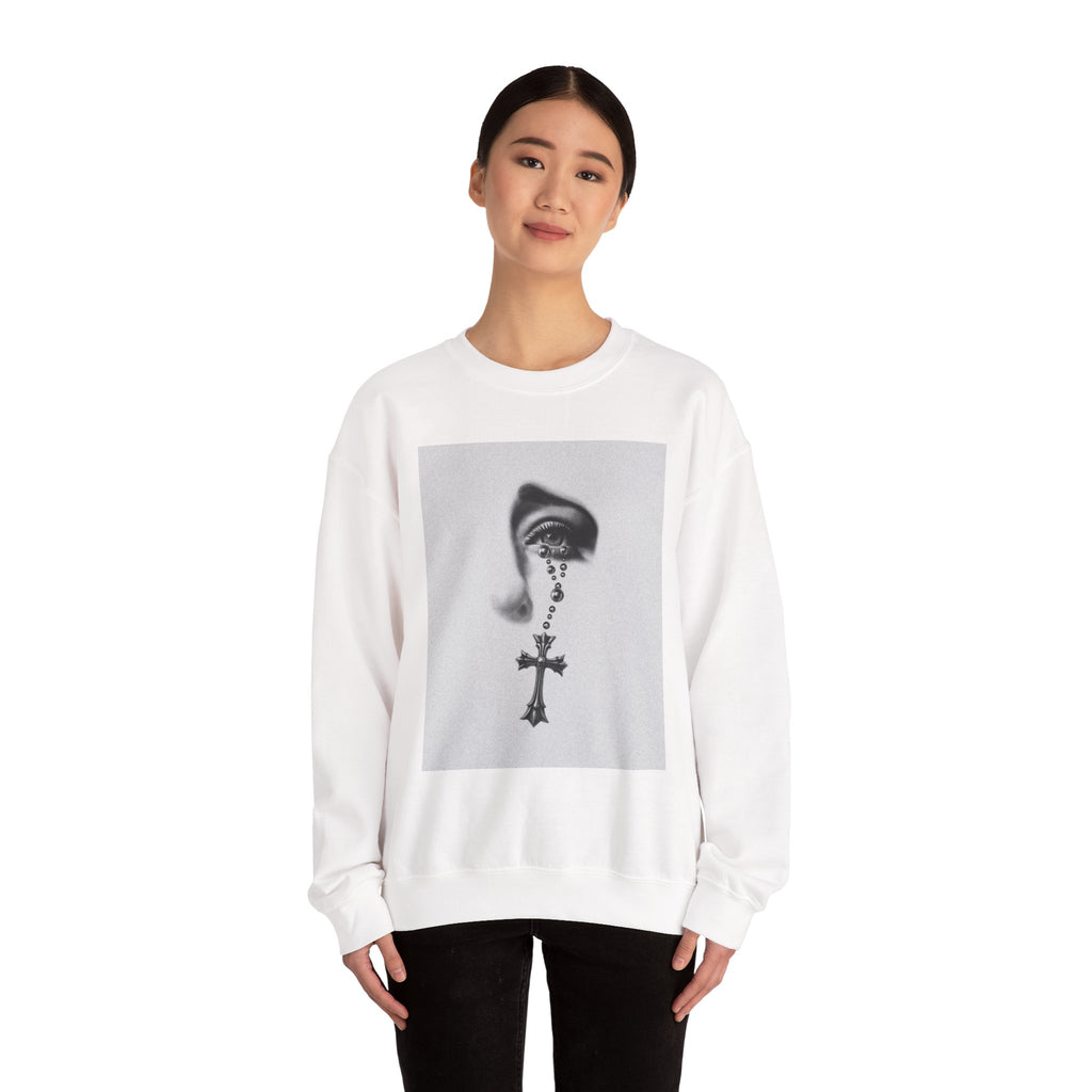 Rosary Tear Crewneck Sweatshirt — Gothic Eye & Cross Graphic