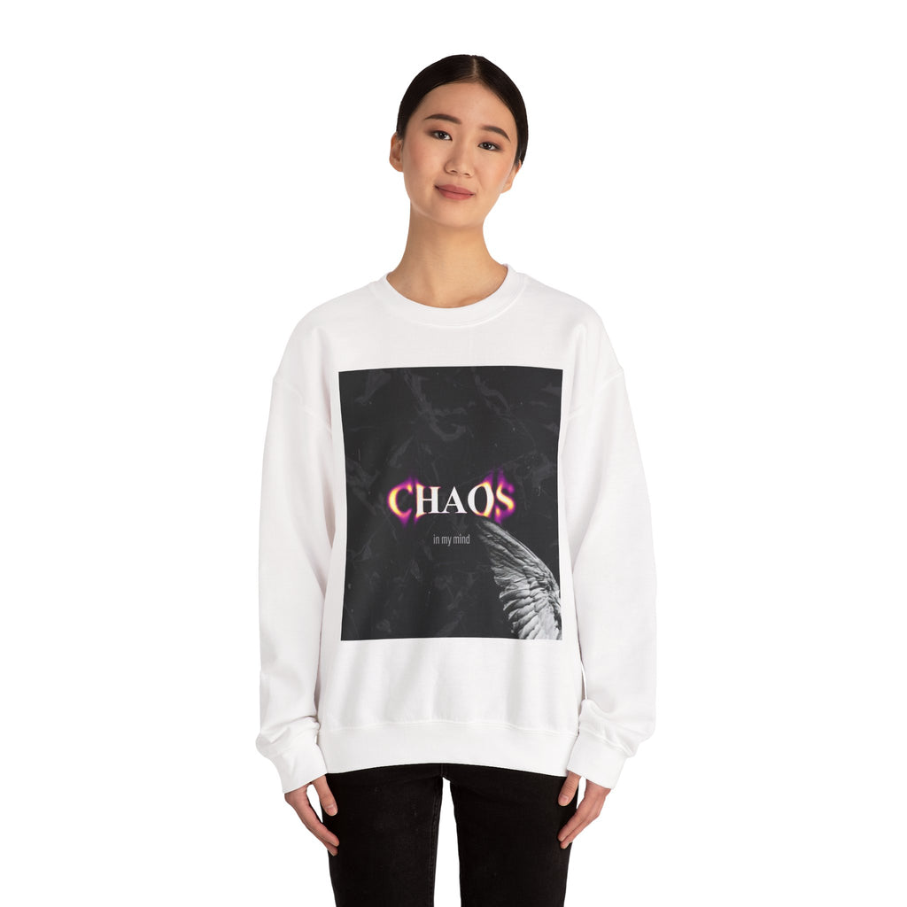 Chaos Graphic Crewneck Sweatshirt — "CHAOS in my mind" Gothic Wing Design
