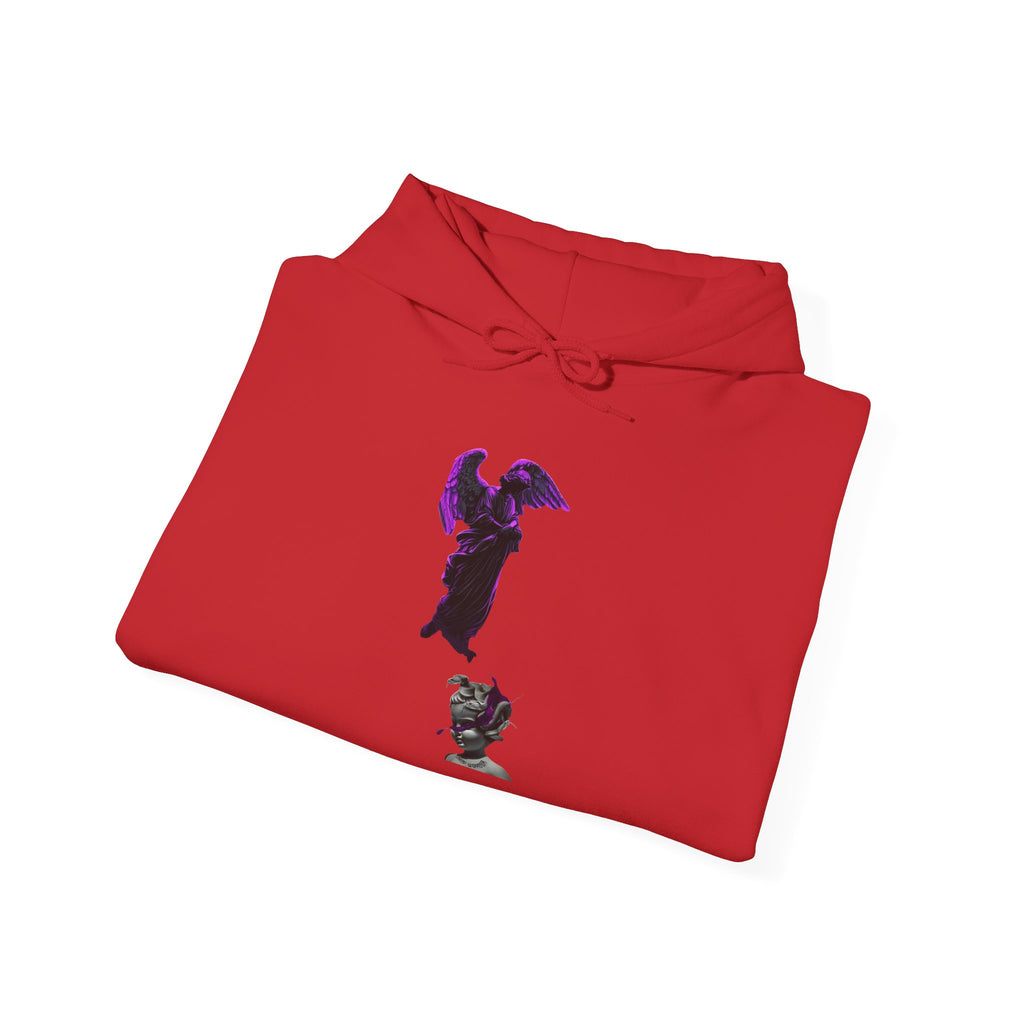 Angel Statue Hoodie — Gothic Purple Accent Sculptural Graphic Hoodie