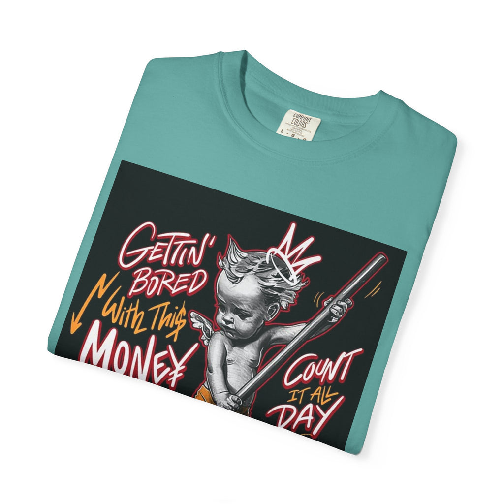 Cat Broomstick Money Tee — "Gettin' Bored With This Money" Graphic T-Shirt