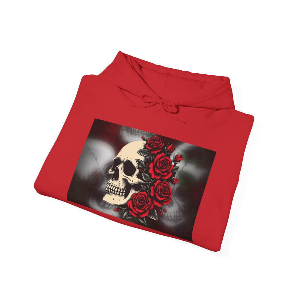 Skull with Red Roses Hoodie — Gothic Floral Skull Sweatshirt