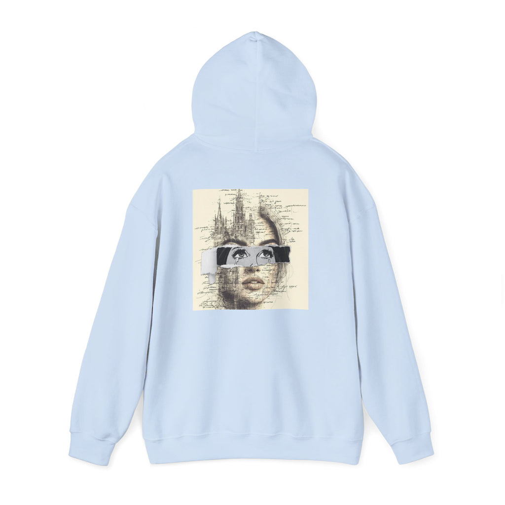 Artistic Face Collage Hoodie — Vintage Script Portrait Sweatshirt